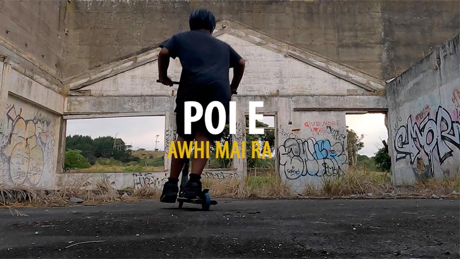 Luther Ashford Poi E 2022. Single-channel karaoke video; 3 min, 58 sec. Written by Dalvanius Prime and Ngoi Pēwhairangi; performed by Pātea Māori Club. Courtesy of the artist and the Dalvanius Prime Estate. Ashford 3 web