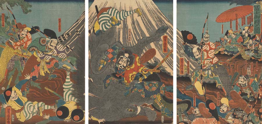 Yoritomo's Hunting Party on the Plain of Mount Fuji, Yoshitora Utagawa, 1860 @ Out of Time exhibition. exhibition out of time yoritomos hunting party