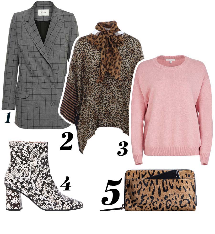 1. Gestuz Mokita Blazer 2. Maud Dainty Dateline Top 3. Juliette Hogan Cotton Sweatshirt 4. Kathryn Wilson Williams Boot 5. Status Anxiety Delilah Wild Cat Wallet josie fashion picks