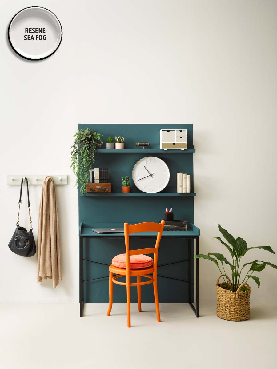 Image: Melanie Jenkins Annick Larkin blue orange white office Resene SeaFogFastForwardTruffleNoirClockworkOrangeEarthen photo Melanie Jenkins v2