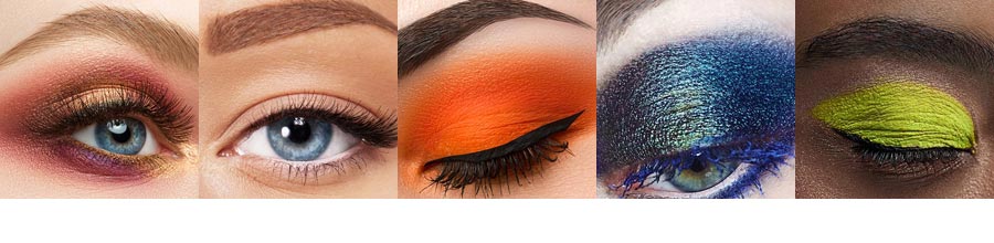 Left to right: sunset eyes, white eyeliner, pumpkin orange eyeshadow, coloured mascara, highlighter lids eye makeup trends
